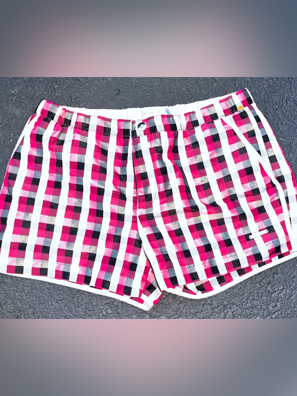 Parke & Ronen Men's 2’ Pink Black White Gingham Checker Swim Trunks Size 30